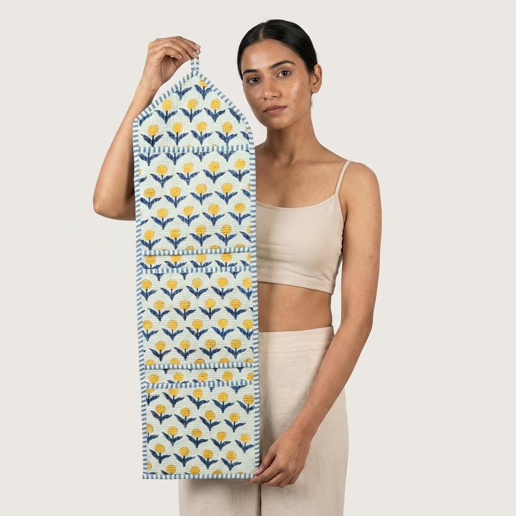 Quilted Yellow Floral Cotton Hanging Wall Organizer – Three Pocket Storage Mail Holder Boho Gift