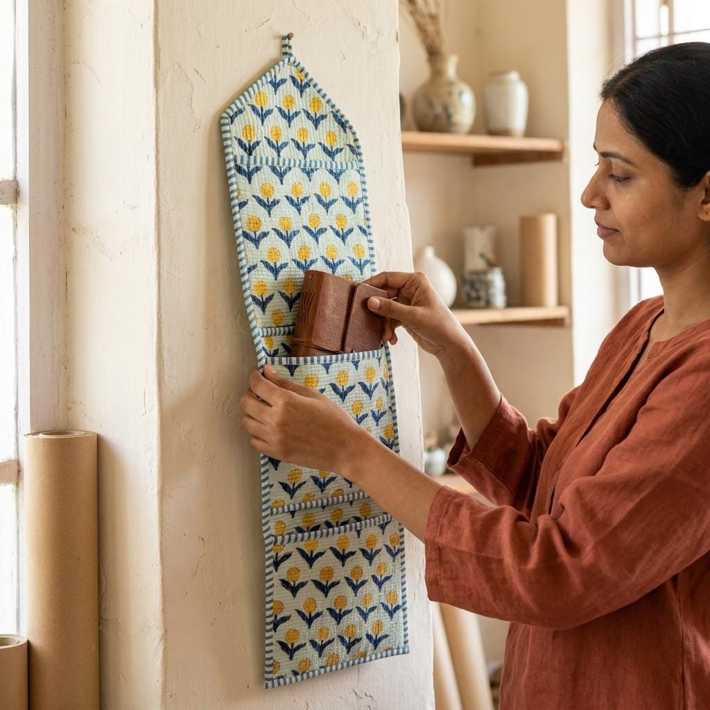 Quilted Yellow Floral Cotton Hanging Wall Organizer – Three Pocket Storage Mail Holder Boho Gift