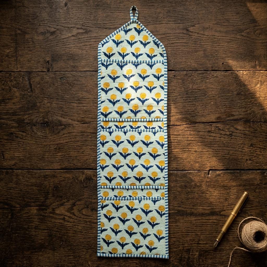 Quilted Yellow Floral Cotton Hanging Wall Organizer – Three Pocket Storage Mail Holder Boho Gift