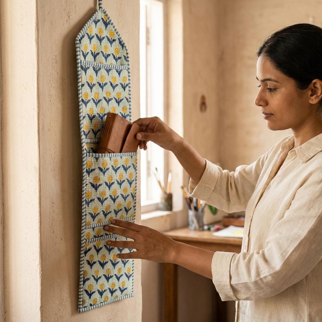 Quilted Yellow Floral Cotton Hanging Wall Organizer – Three Pocket Storage Mail Holder Boho Gift
