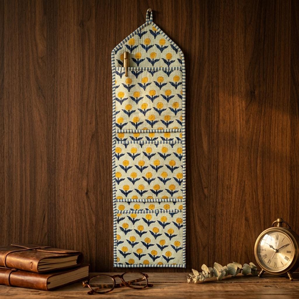 Quilted Yellow Floral Cotton Hanging Wall Organizer – Three Pocket Storage Mail Holder Boho Gift