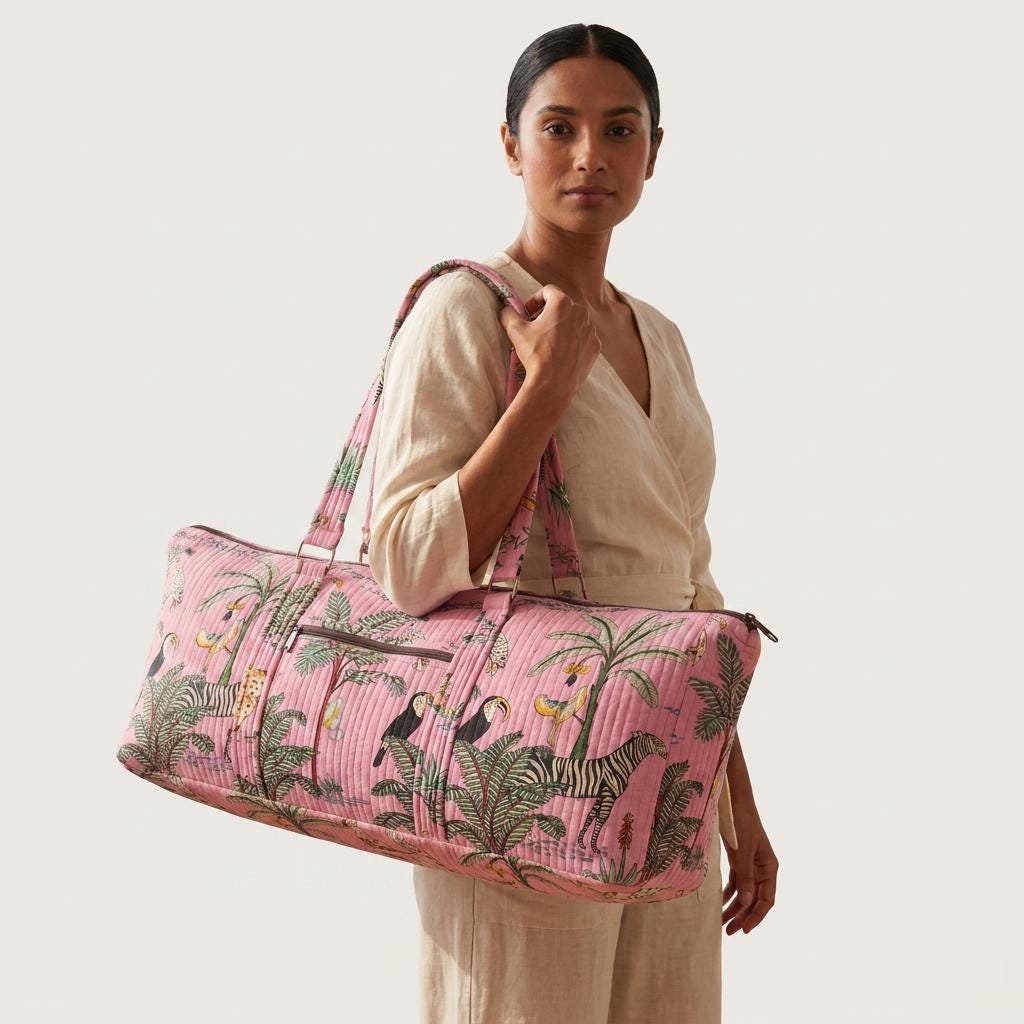 Pink Zebra Quilted Cotton Yoga Mat Bag, Handcrafted Shoulder Carrier, Leopard Fitness Tote