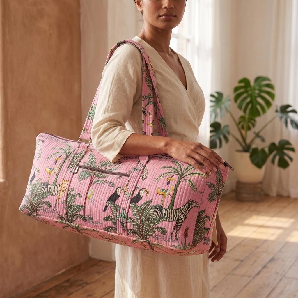 Pink Zebra Quilted Cotton Yoga Mat Bag, Handcrafted Shoulder Carrier, Leopard Fitness Tote