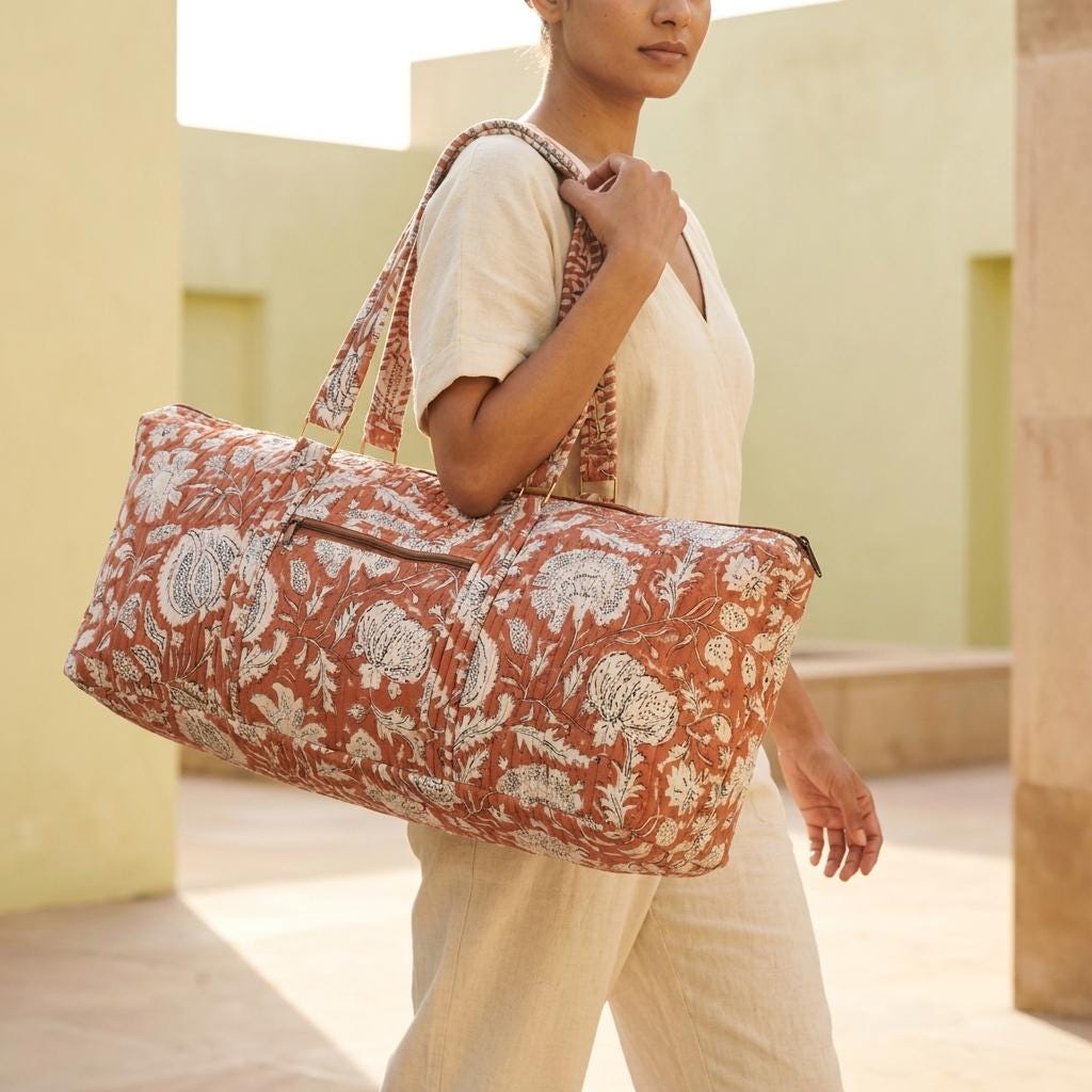 Quilted Cotton Yoga Mat Bag, Handcrafted Shoulder Carrier, Terracotta Floral Fitness Tote