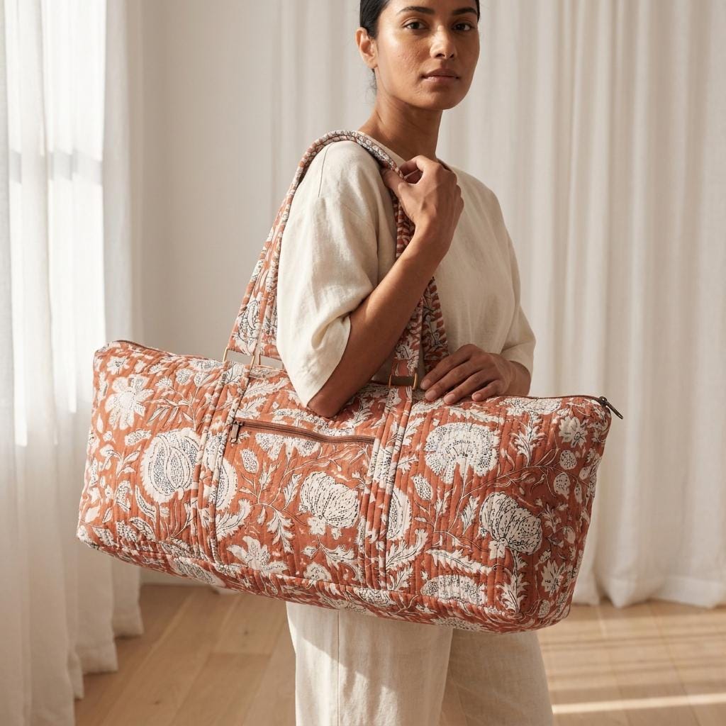 Quilted Cotton Yoga Mat Bag, Handcrafted Shoulder Carrier, Terracotta Floral Fitness Tote