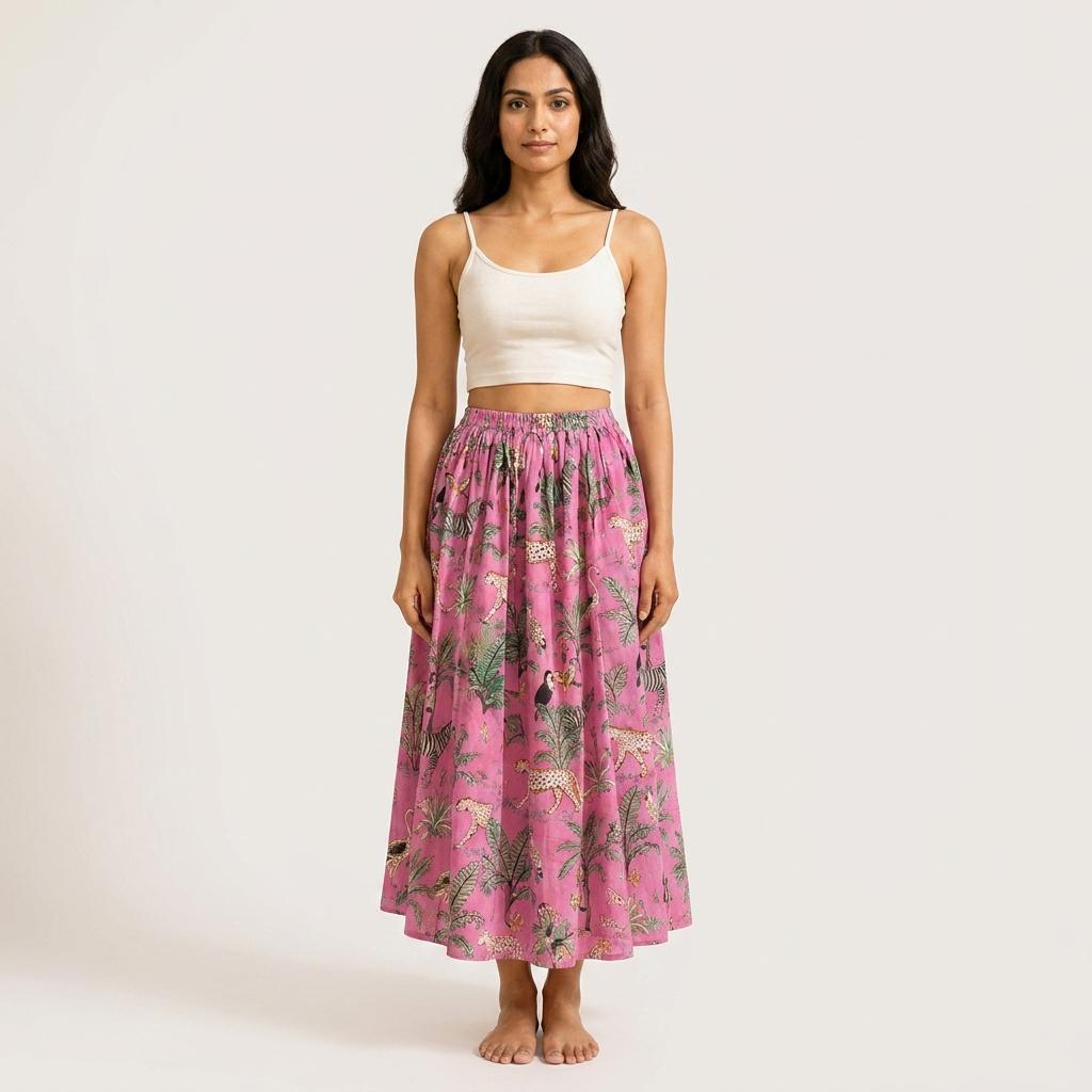 Pink Leopard Quilted Cotton Maxi Skirt, Handcrafted Floral Jungle Bohemian Long Travel Dress