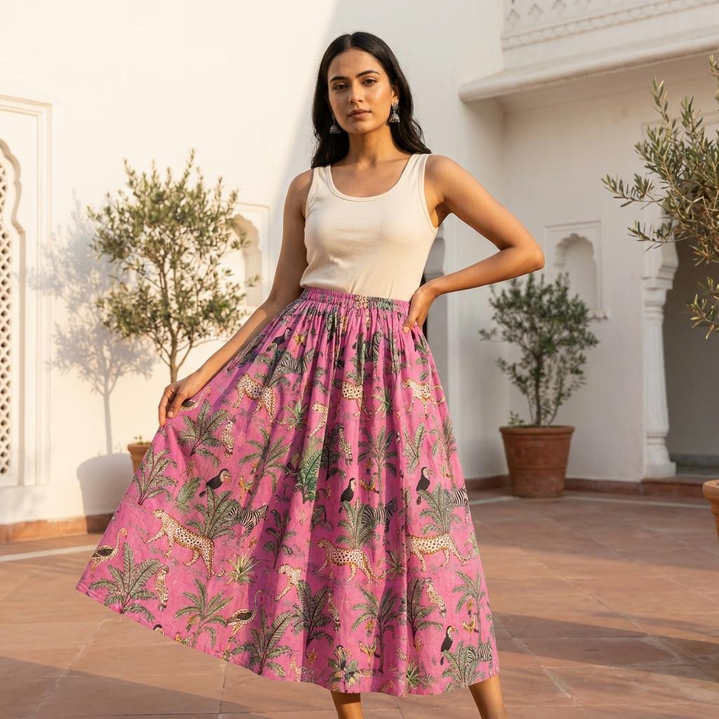 Pink Leopard Quilted Cotton Maxi Skirt, Handcrafted Floral Jungle Bohemian Long Travel Dress