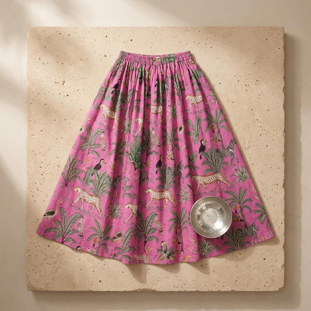 Pink Leopard Quilted Cotton Maxi Skirt, Handcrafted Floral Jungle Bohemian Long Travel Dress