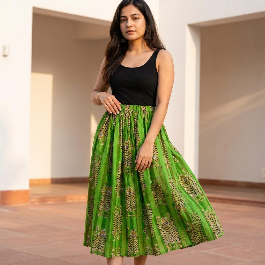 Green Tiger Cotton Maxi Skirt, Handcrafted Striped Pocket Bohemian Long Travel Summer Dress