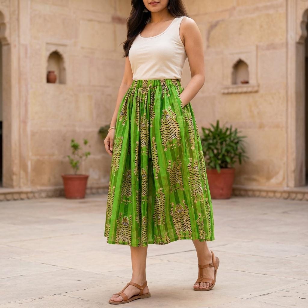 Green Tiger Cotton Maxi Skirt, Handcrafted Striped Pocket Bohemian Long Travel Summer Dress