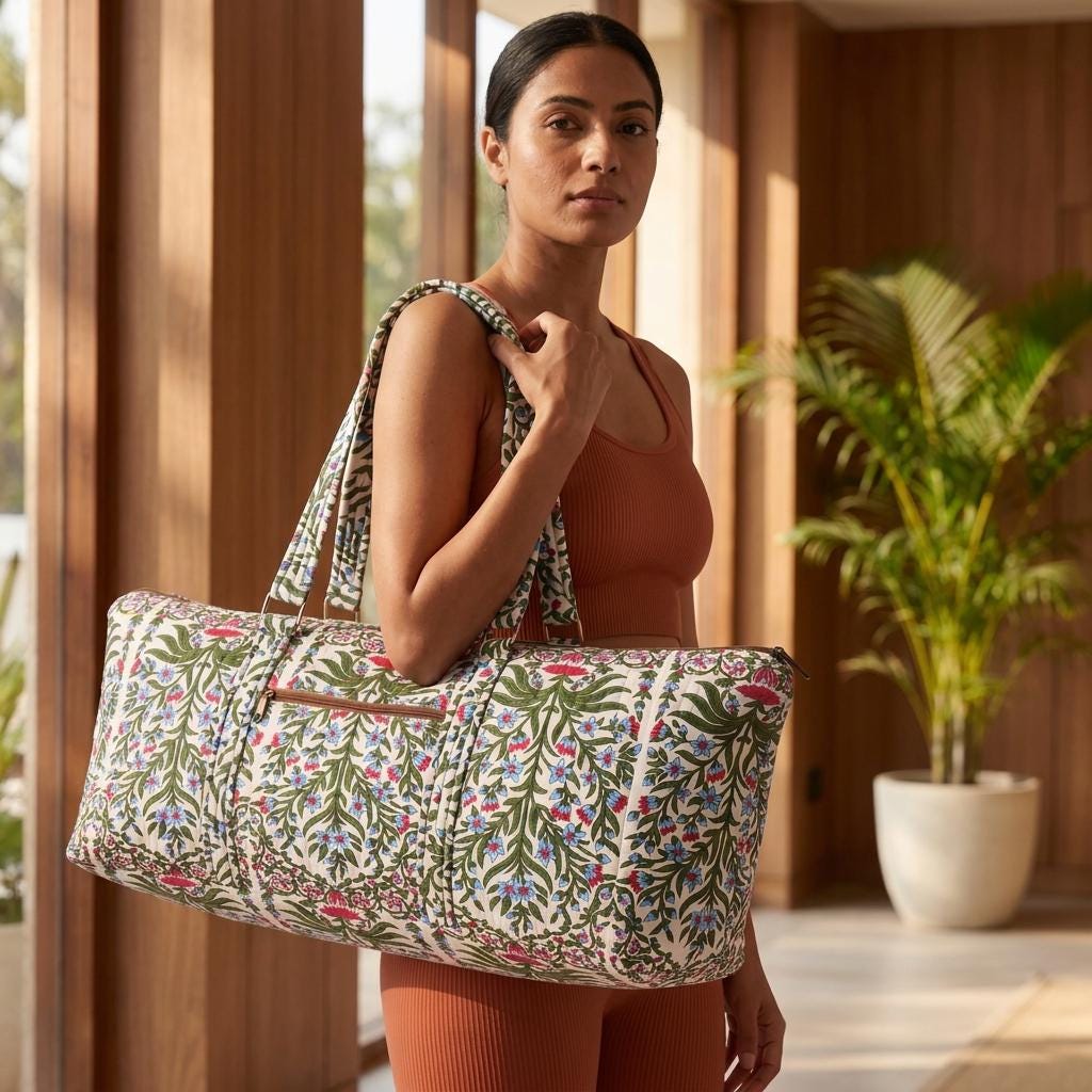 Green Vine Quilted Cotton Yoga Mat Bag, Handcrafted Shoulder Carrier, Blue Floral Fitness Tote