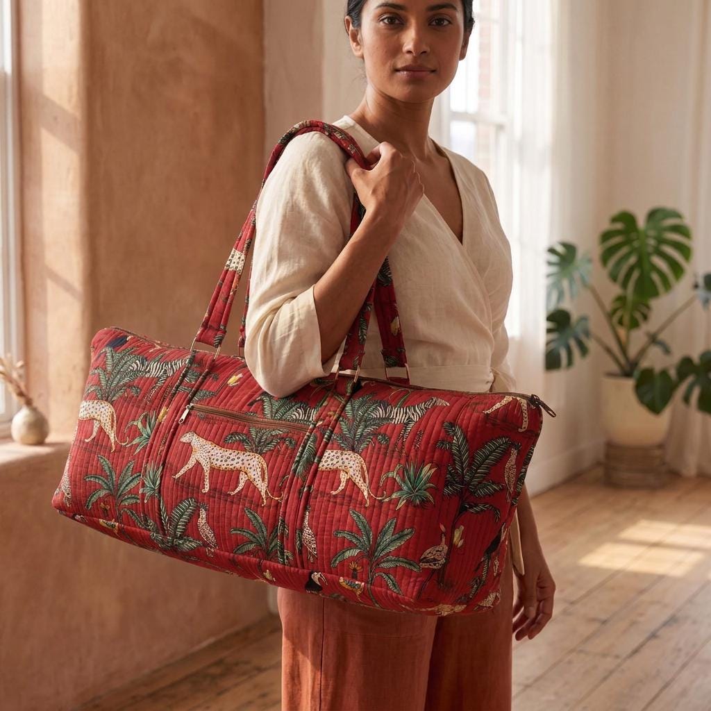 Red Leopard Quilted Cotton Yoga Mat Bag, Handcrafted Shoulder Carrier, Zebra Fitness Tote