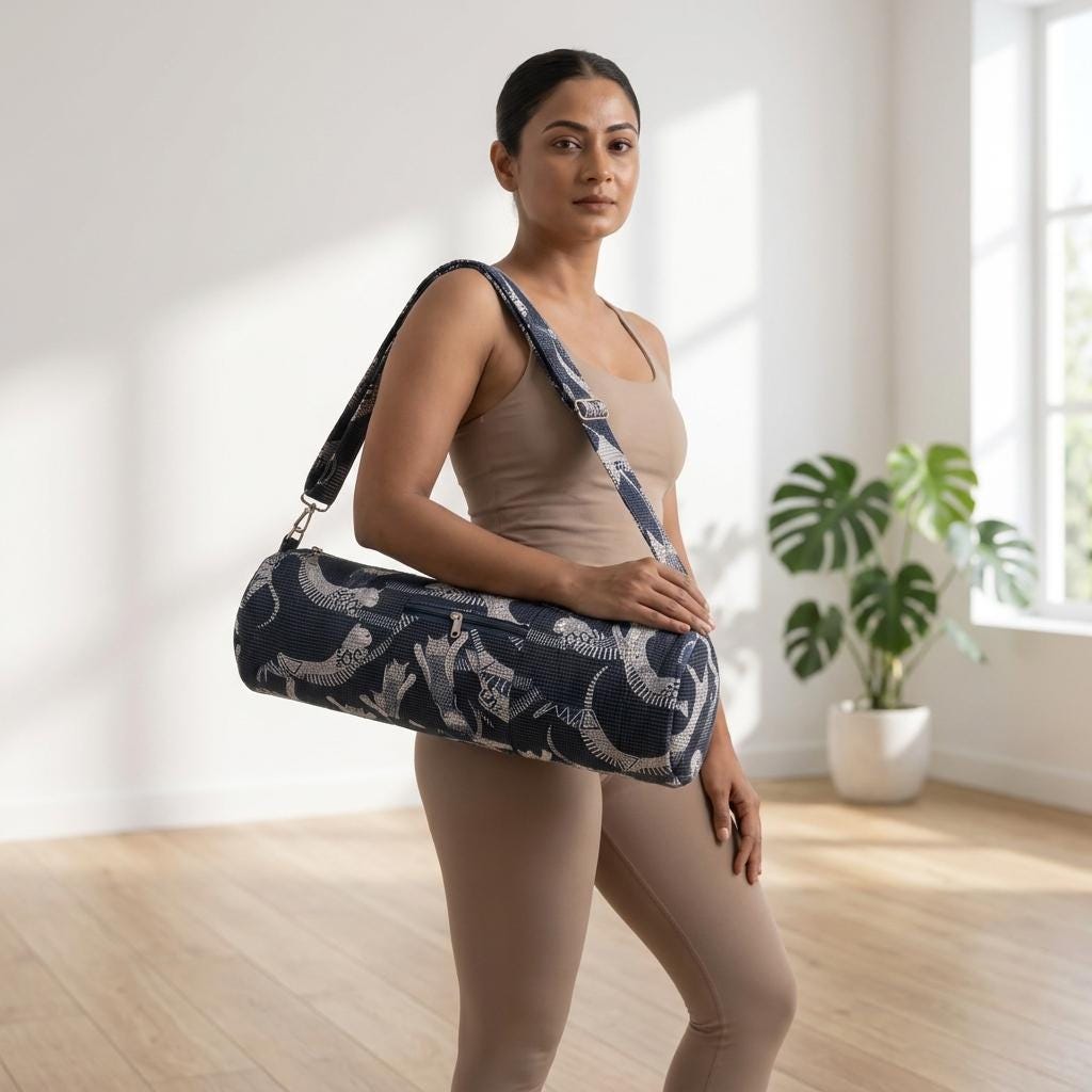 Navy Blue Quilted Cotton Yoga Mat Holder Bag, Handcrafted Animal Printed Exercise Carrier