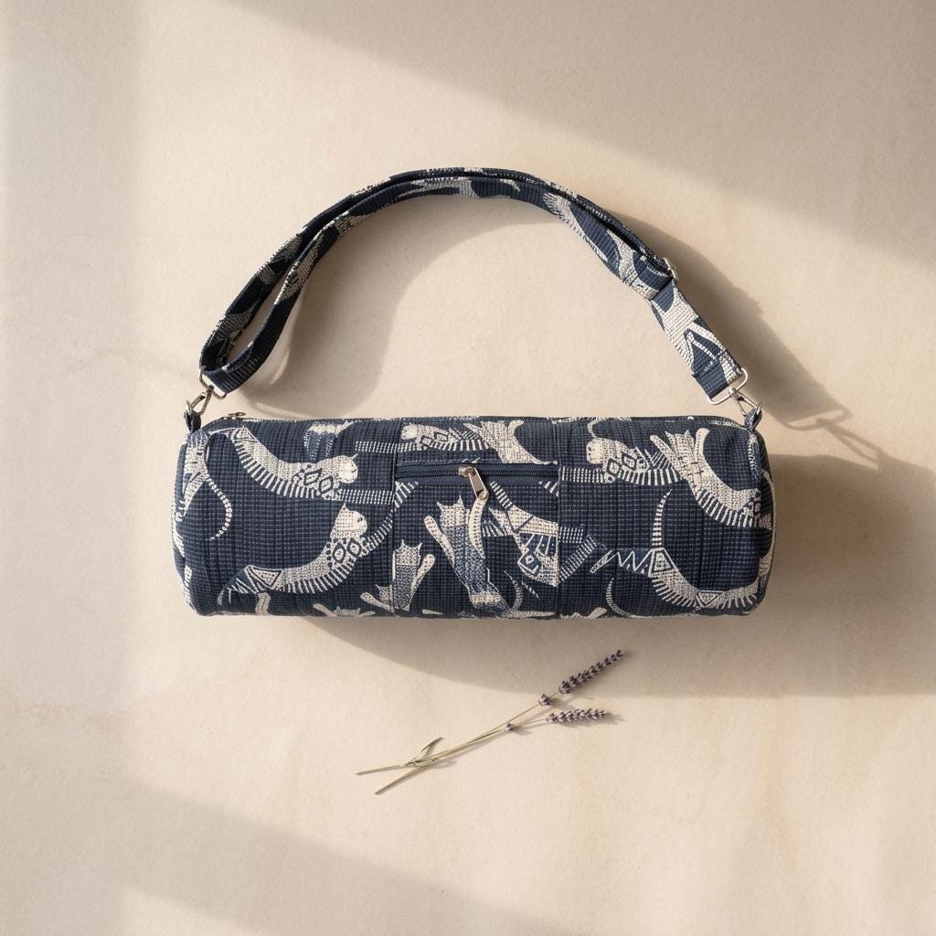 Navy Blue Quilted Cotton Yoga Mat Holder Bag, Handcrafted Animal Printed Exercise Carrier