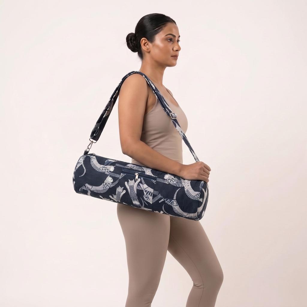 Navy Blue Quilted Cotton Yoga Mat Holder Bag, Handcrafted Animal Printed Exercise Carrier