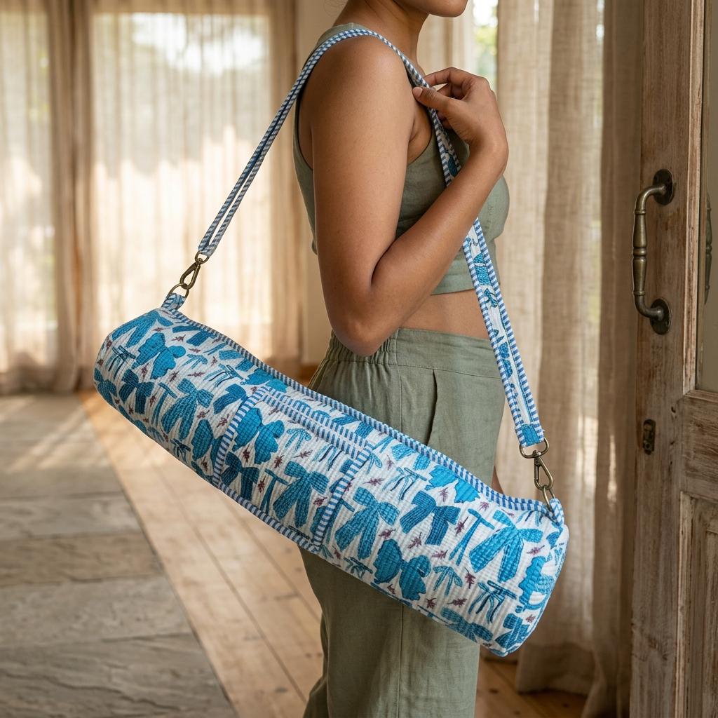 Quilted Cotton Blue Bow Print Yoga Mat Bag Handcrafted Crossbody Carrier Women