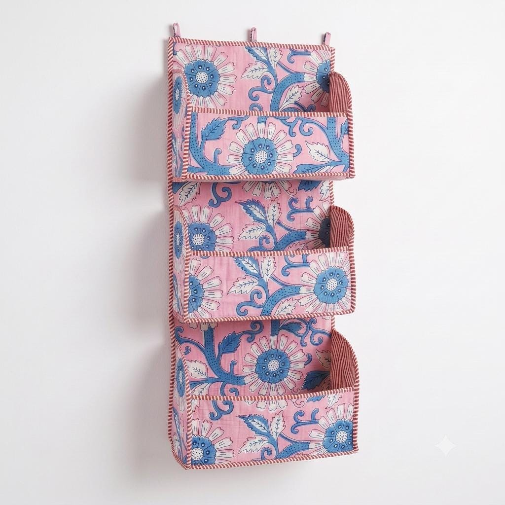 Pink Blue Floral Quilted Cotton Hanging Wall Organizer, Handcrafted Tiered Pocket Fabric Mail Storage