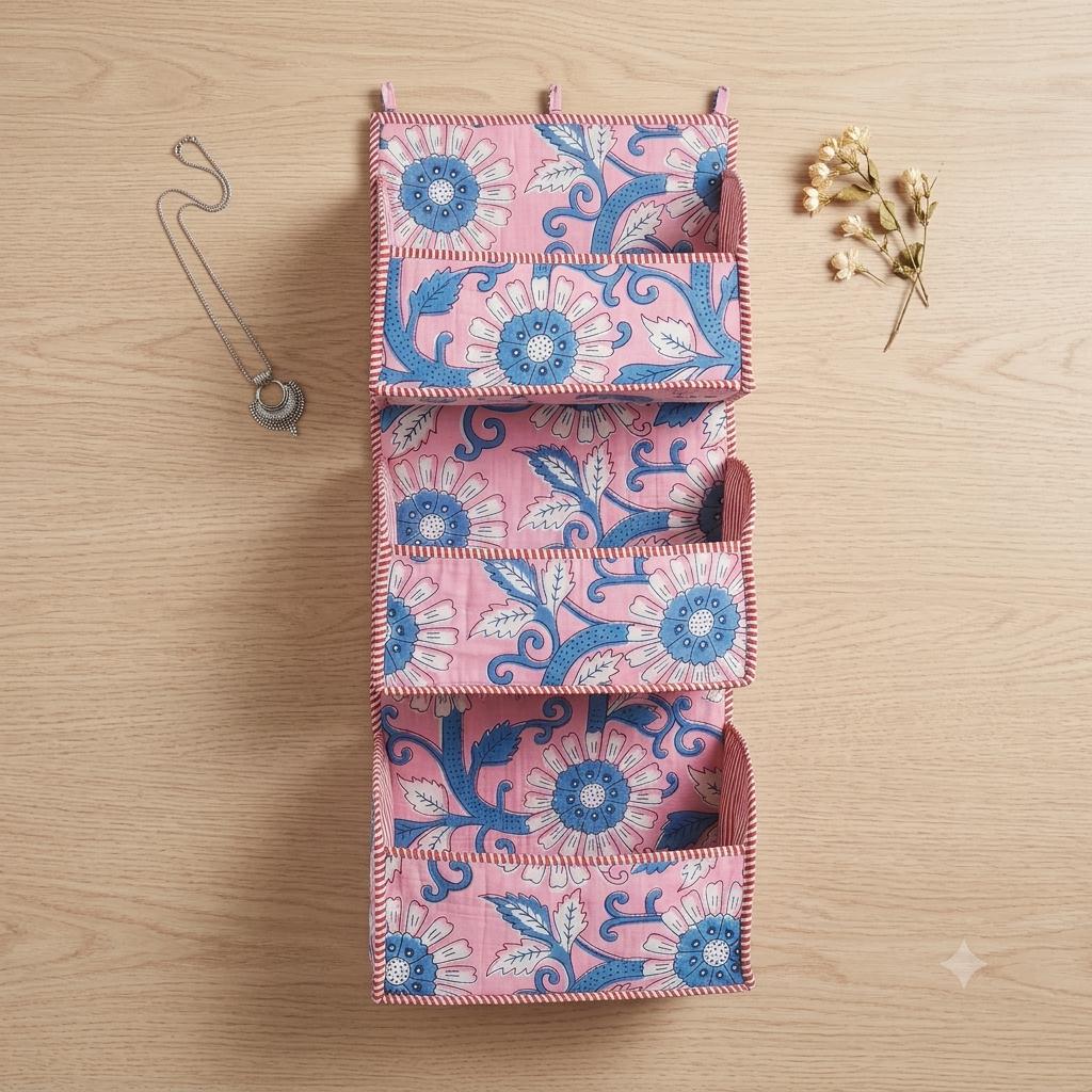 Pink Blue Floral Quilted Cotton Hanging Wall Organizer, Handcrafted Tiered Pocket Fabric Mail Storage