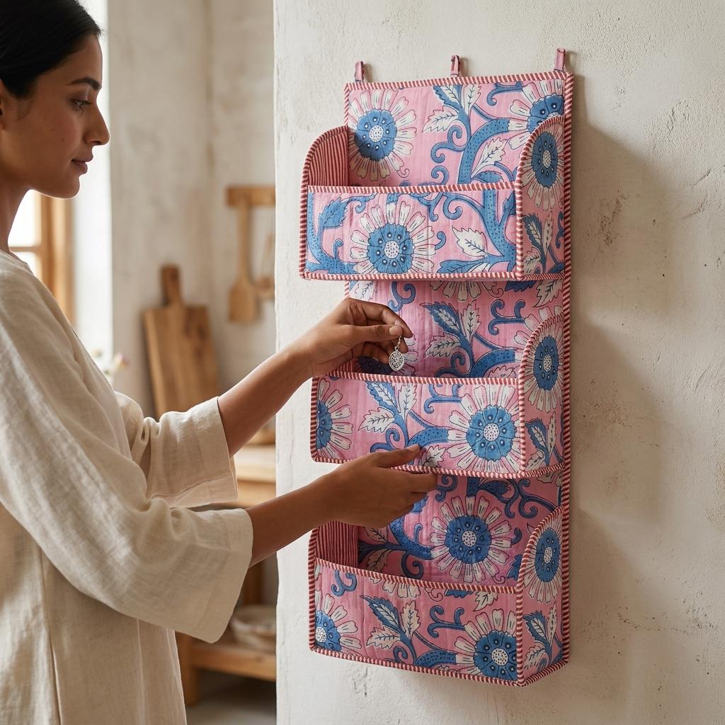 Pink Blue Floral Quilted Cotton Hanging Wall Organizer, Handcrafted Tiered Pocket Fabric Mail Storage