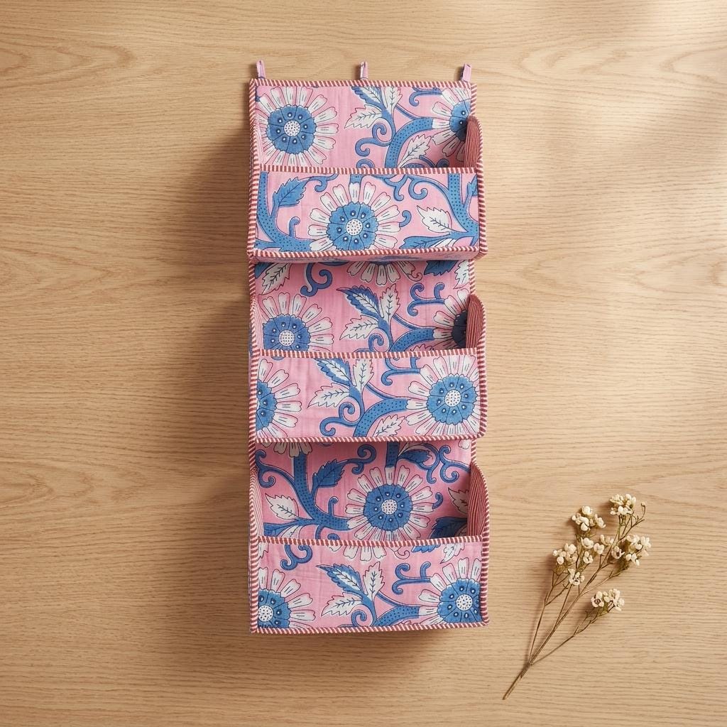Pink Blue Floral Quilted Cotton Hanging Wall Organizer, Handcrafted Tiered Pocket Fabric Mail Storage