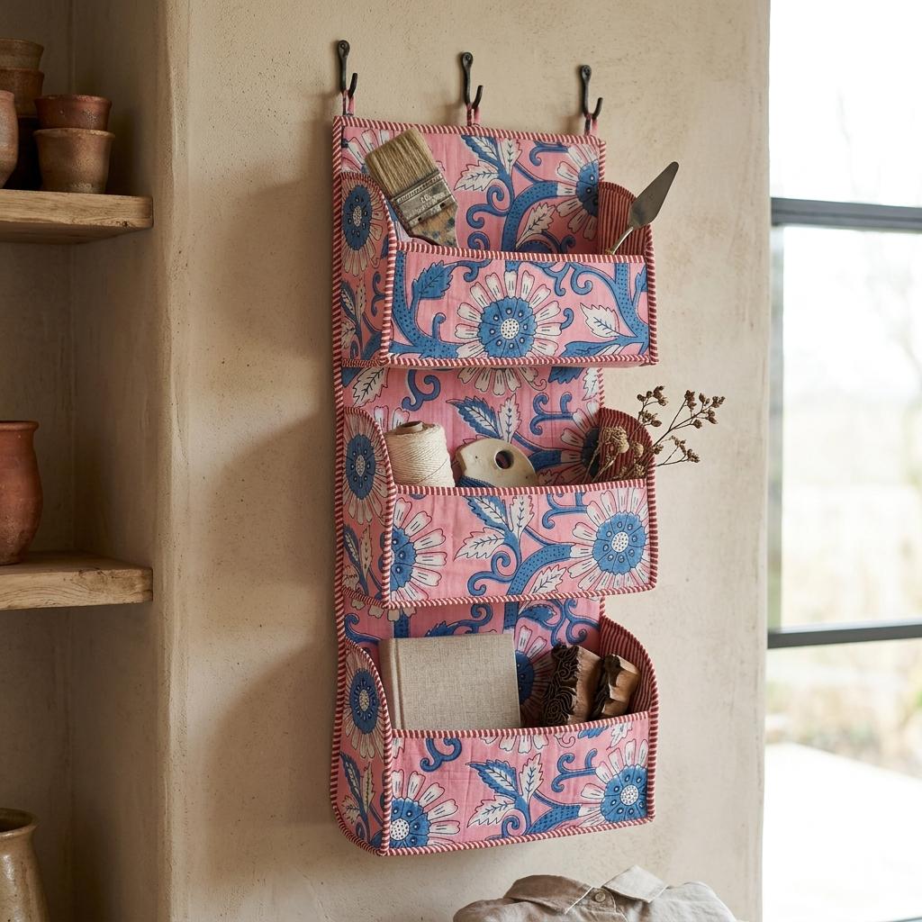 Pink Blue Floral Quilted Cotton Hanging Wall Organizer, Handcrafted Tiered Pocket Fabric Mail Storage