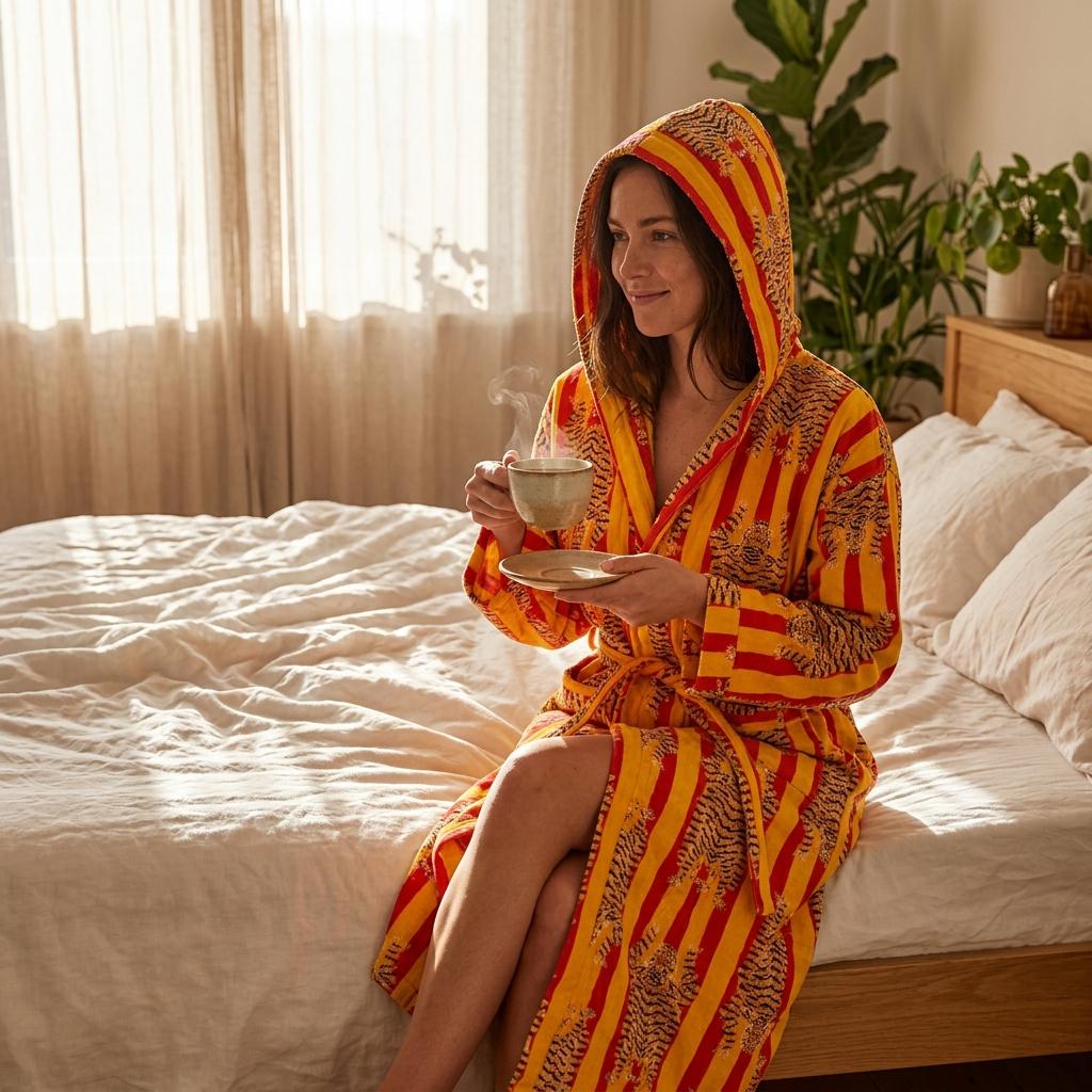 Yellow Tiger Cotton Hooded Bathrobe, Handcrafted Red Striped Loungewear Long Dressing Gown Kimono