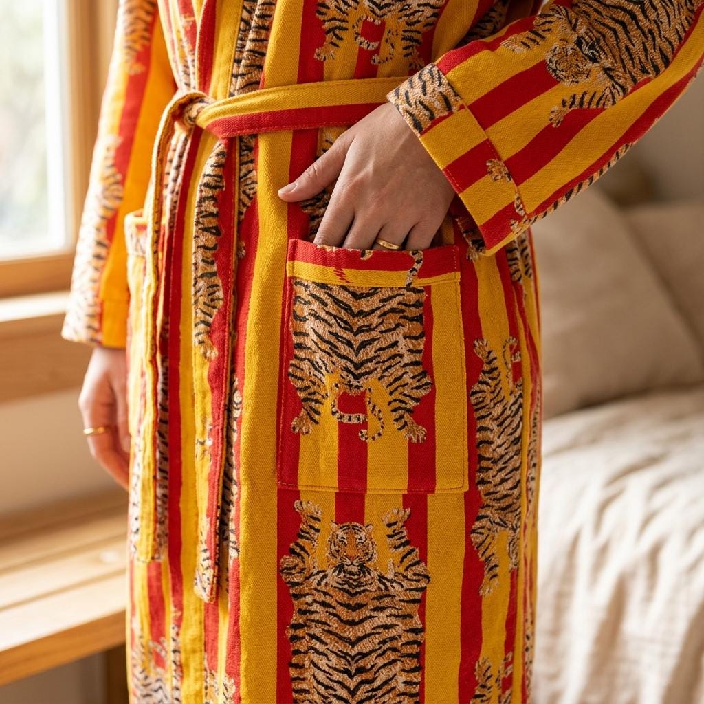 Yellow Tiger Cotton Hooded Bathrobe, Handcrafted Red Striped Loungewear Long Dressing Gown Kimono
