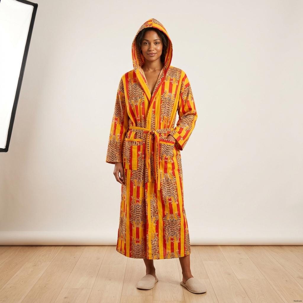 Yellow Tiger Cotton Hooded Bathrobe, Handcrafted Red Striped Loungewear Long Dressing Gown Kimono