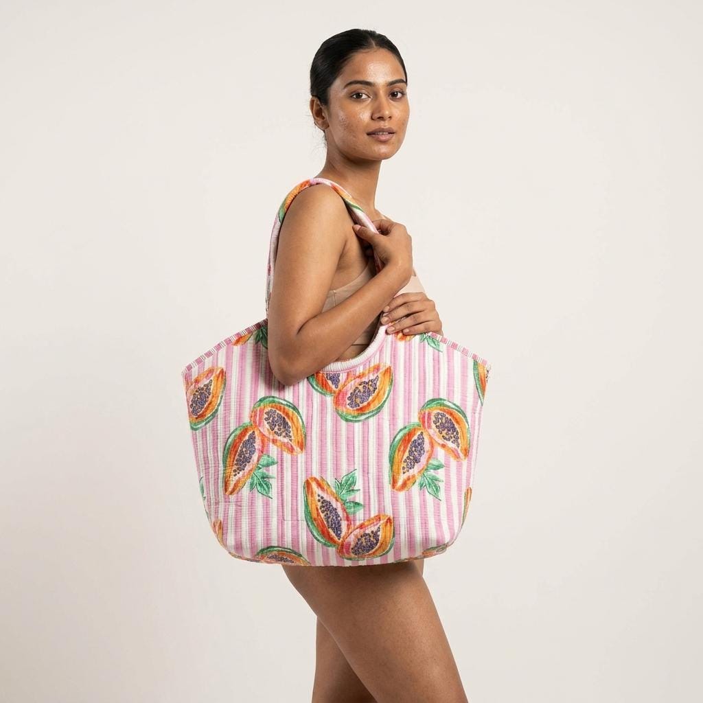 Pink Papaya Quilted Cotton Tote Bag, Handcrafted Scoop Handle Shopper, Striped Fruit Travel Handbag