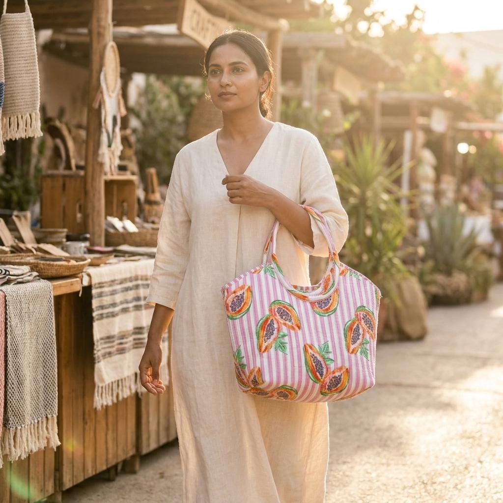 Pink Papaya Quilted Cotton Tote Bag, Handcrafted Scoop Handle Shopper, Striped Fruit Travel Handbag