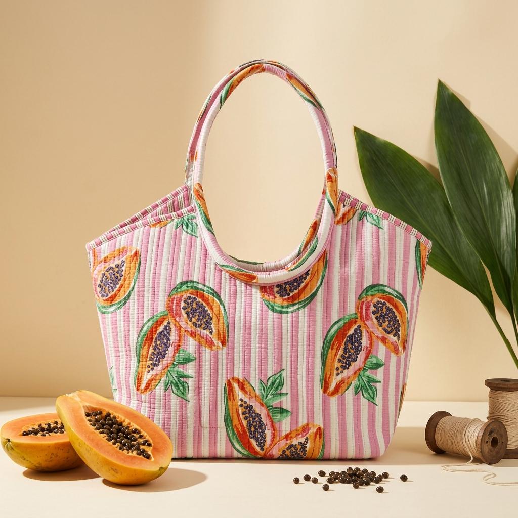Pink Papaya Quilted Cotton Tote Bag, Handcrafted Scoop Handle Shopper, Striped Fruit Travel Handbag