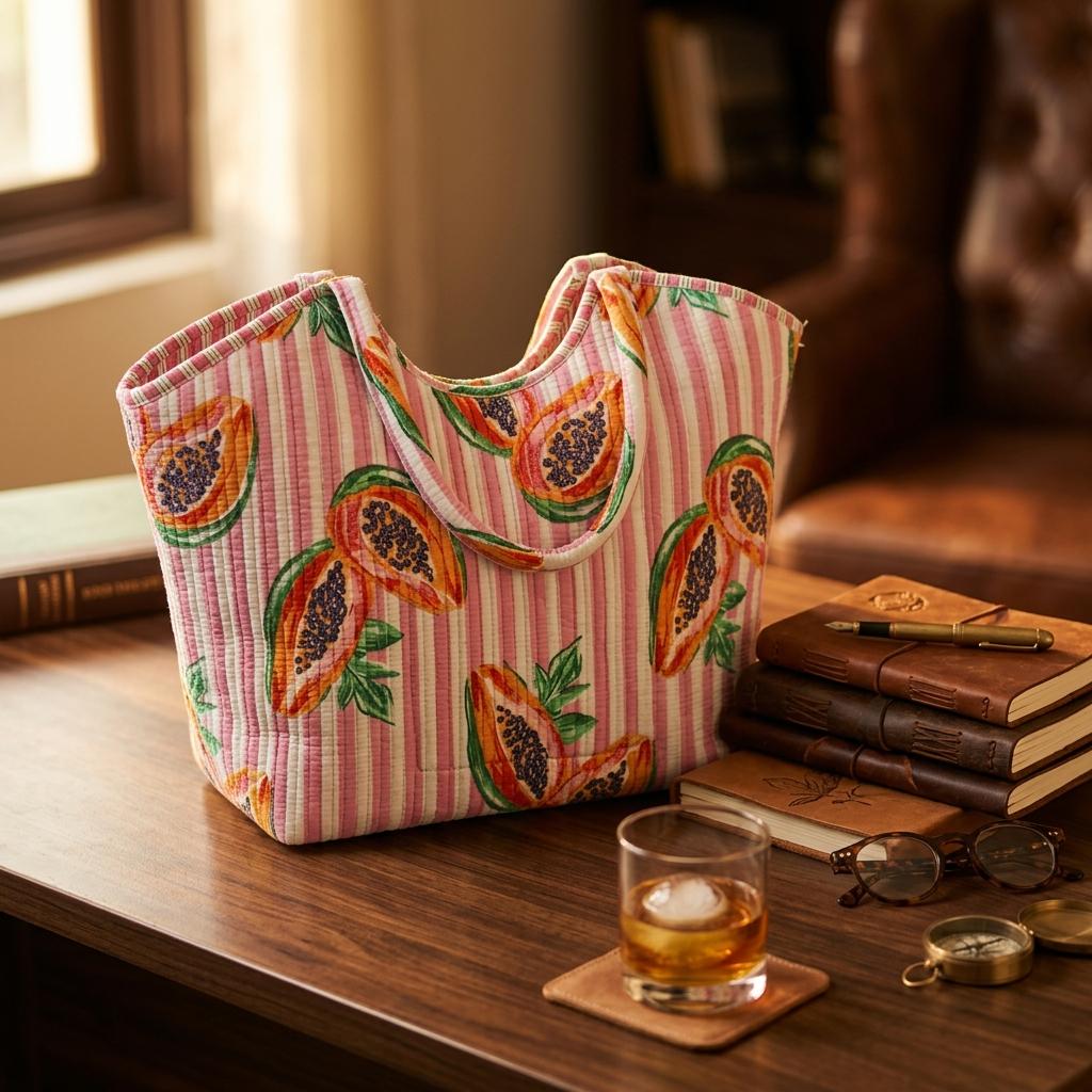 Pink Papaya Quilted Cotton Tote Bag, Handcrafted Scoop Handle Shopper, Striped Fruit Travel Handbag