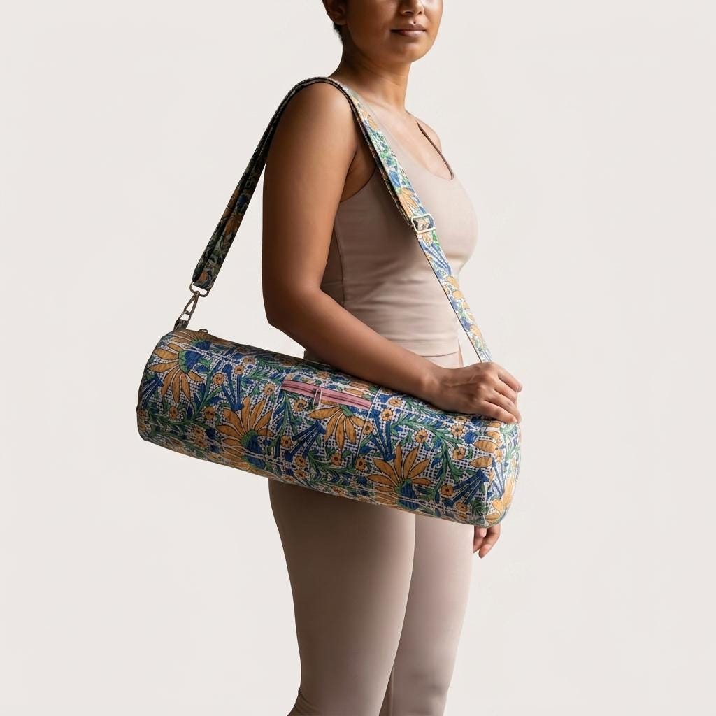 Quilted Cotton Blue Yellow Sunflower Yoga Mat Bag Handcrafted Crossbody Carrier Women