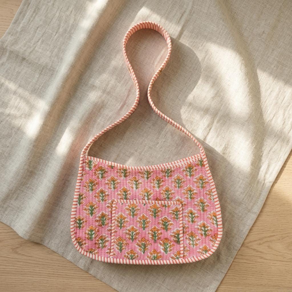 Pink Floral Quilted Cotton Shoulder Bag, Handcrafted Marigold Everyday Hobo Tote Summer Handbag