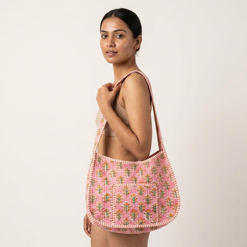 Pink Floral Quilted Cotton Shoulder Bag, Handcrafted Marigold Everyday Hobo Tote Summer Handbag
