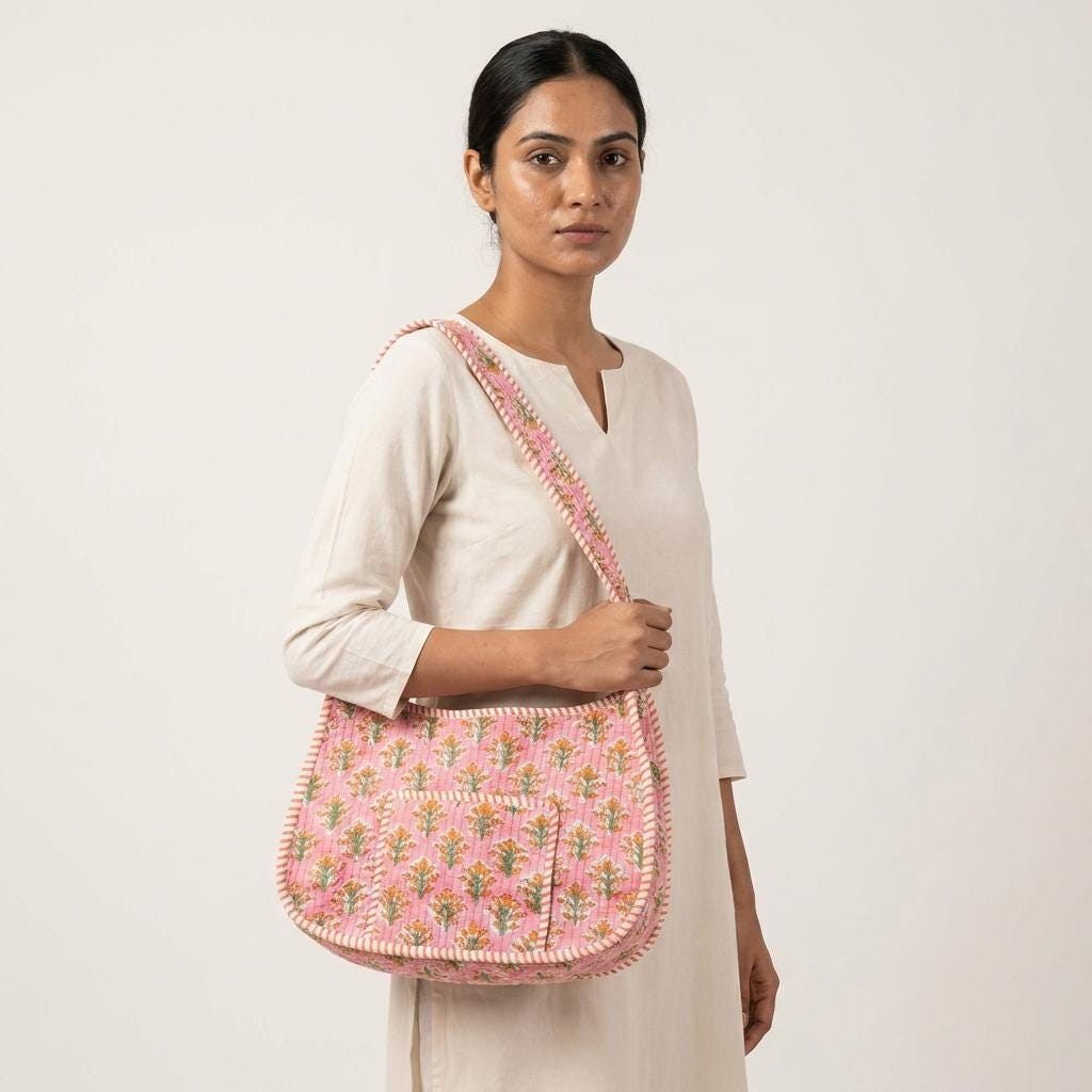 Pink Floral Quilted Cotton Shoulder Bag, Handcrafted Marigold Everyday Hobo Tote Summer Handbag