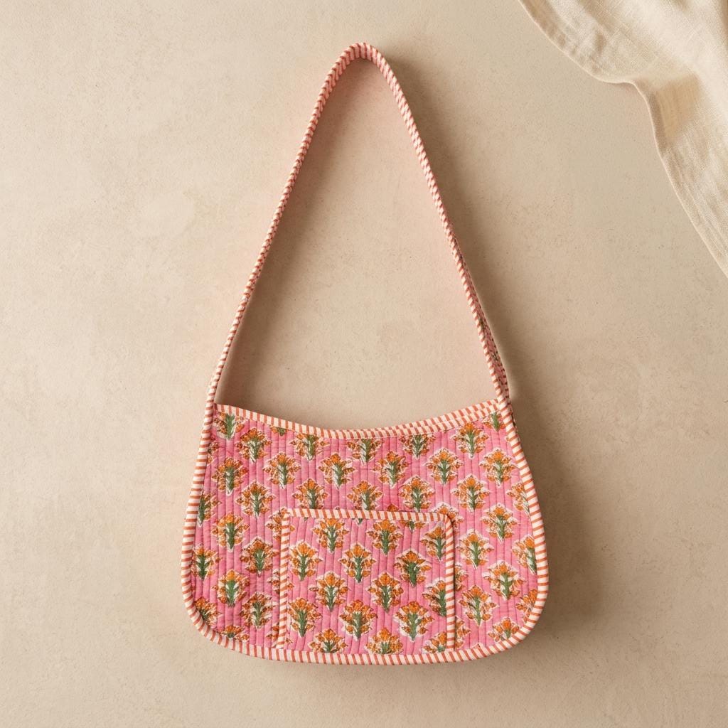 Pink Floral Quilted Cotton Shoulder Bag, Handcrafted Marigold Everyday Hobo Tote Summer Handbag