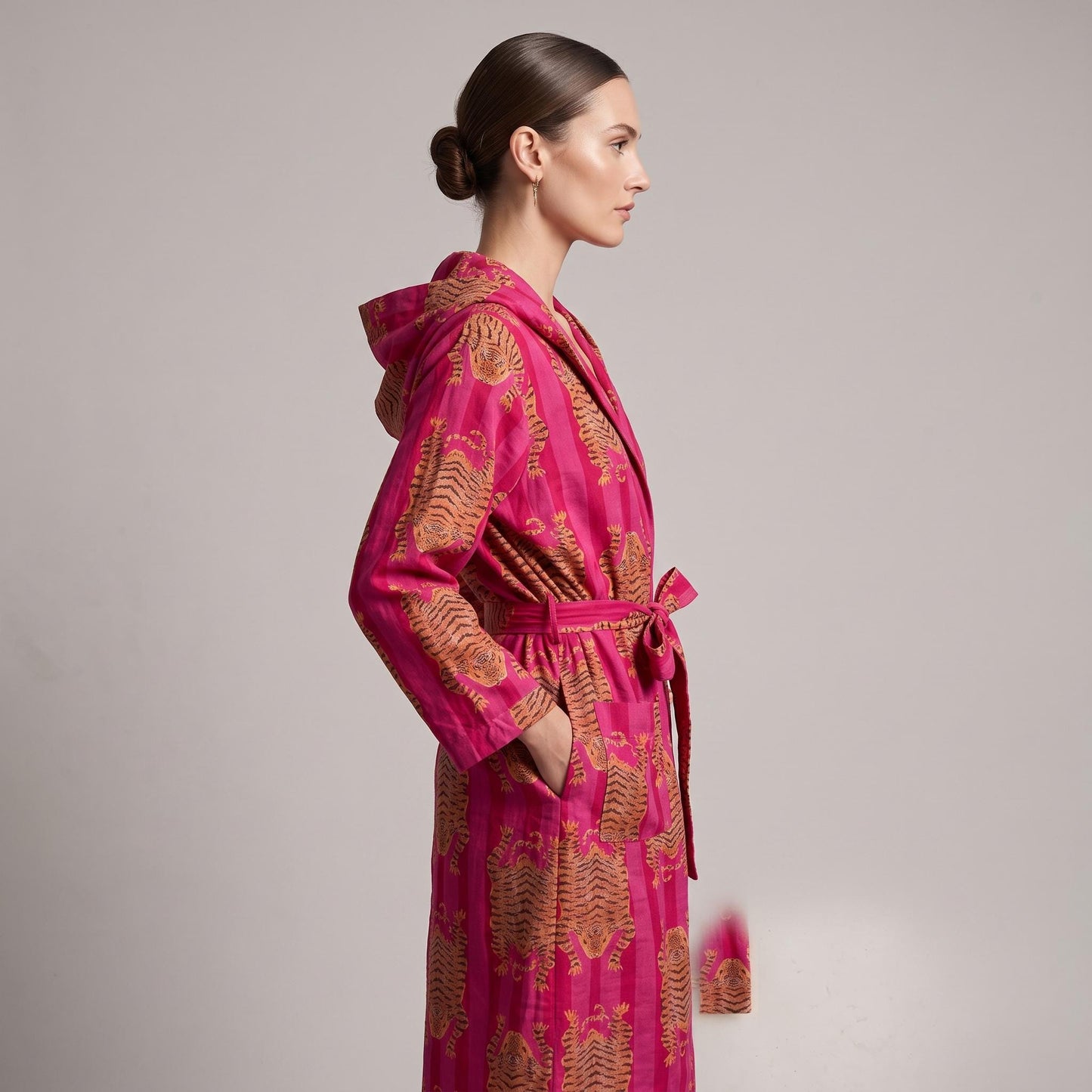 Pink Tiger Cotton Hooded Bathrobe, Handcrafted Striped Loungewear Long Dressing Gown Kimono Sleepwear