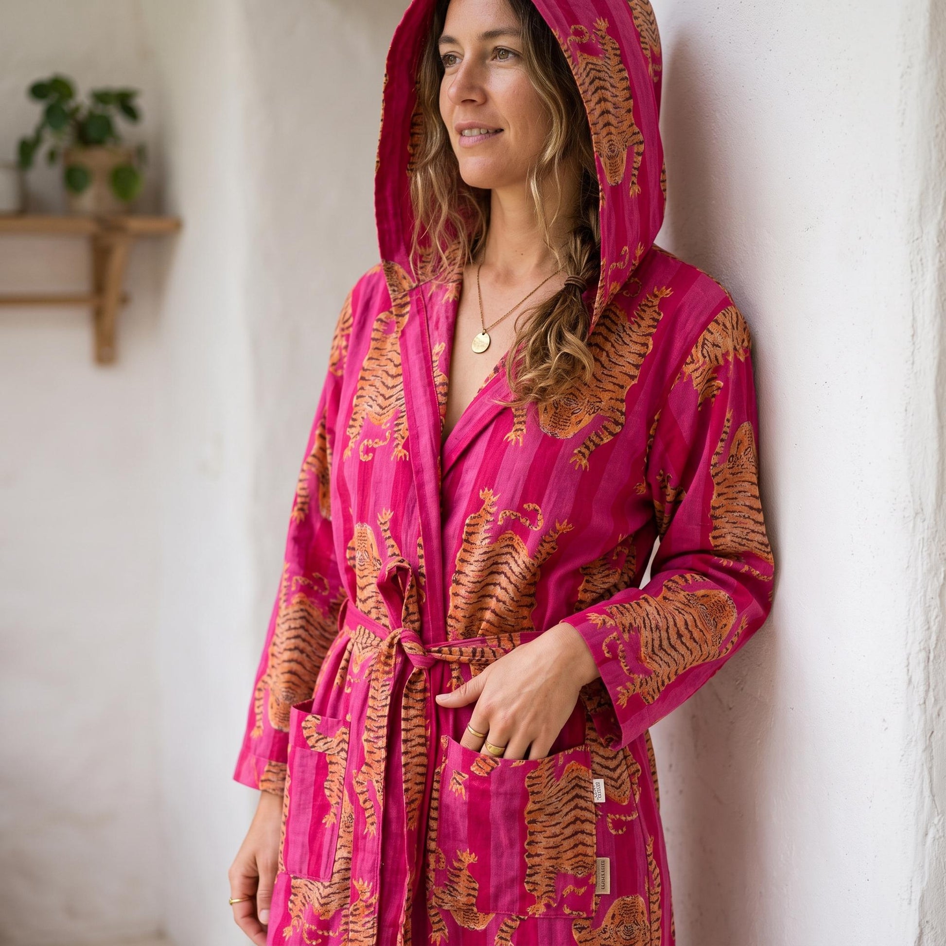 Pink Tiger Cotton Hooded Bathrobe, Handcrafted Striped Loungewear Long Dressing Gown Kimono Sleepwear