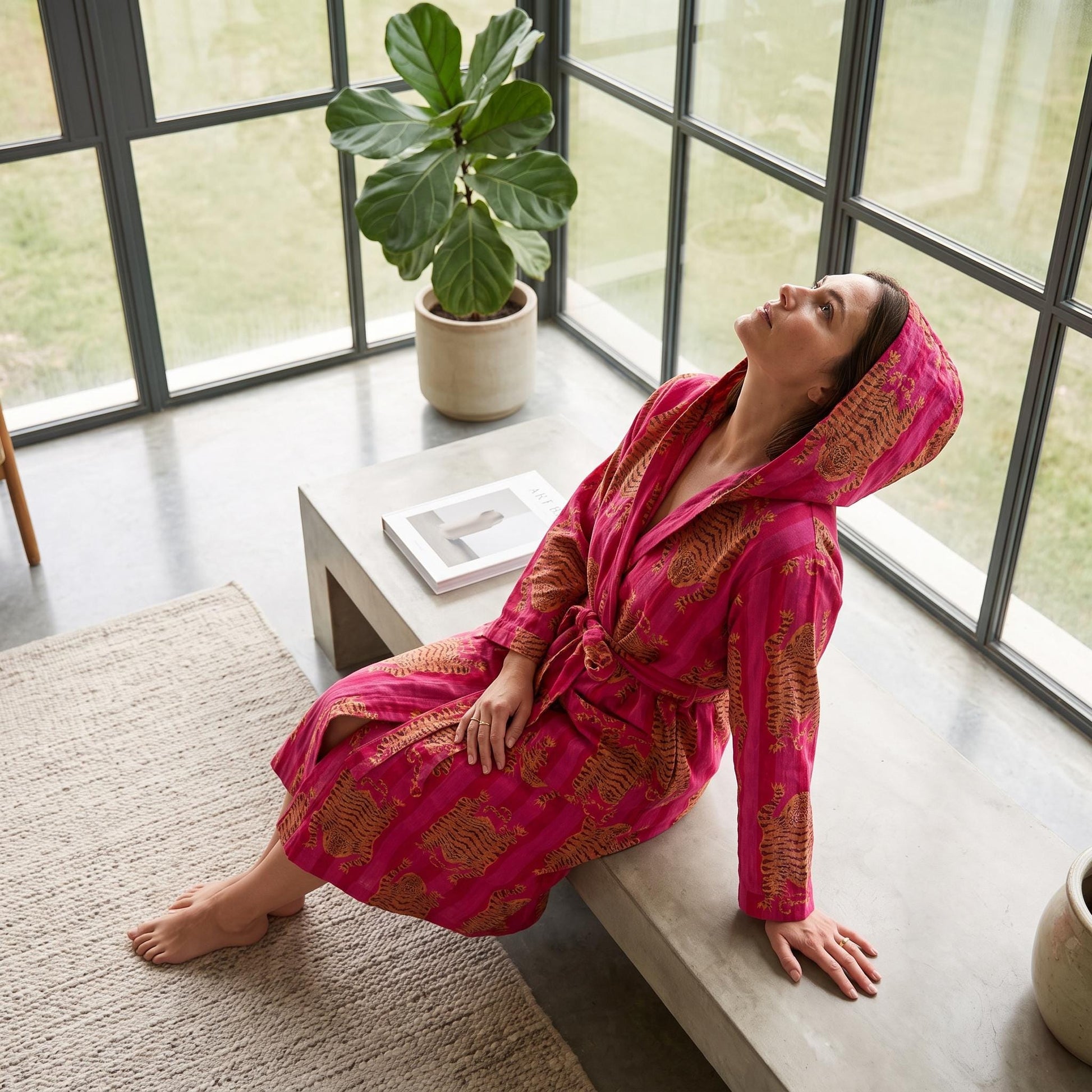 Pink Tiger Cotton Hooded Bathrobe, Handcrafted Striped Loungewear Long Dressing Gown Kimono Sleepwear