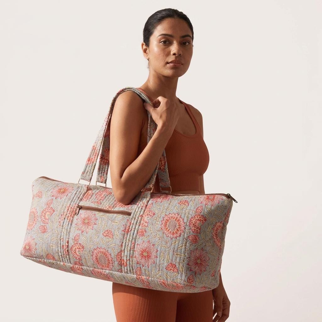 Grey Floral Quilted Cotton Yoga Mat Bag, Handcrafted Flower Gym Tote Carrier Holder