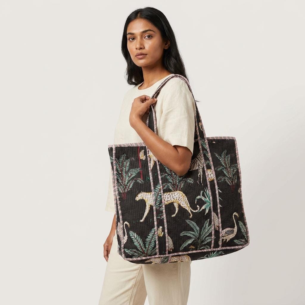 Black Leopard Quilted Cotton Tote Bag, Handcrafted Shoulder Shopper, Zebra Animal Travel Handbag