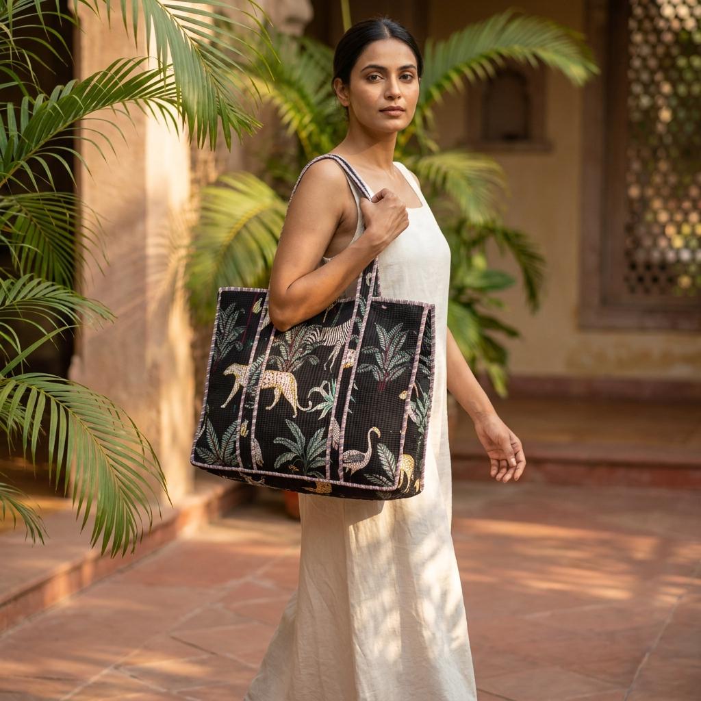 Black Leopard Quilted Cotton Tote Bag, Handcrafted Shoulder Shopper, Zebra Animal Travel Handbag