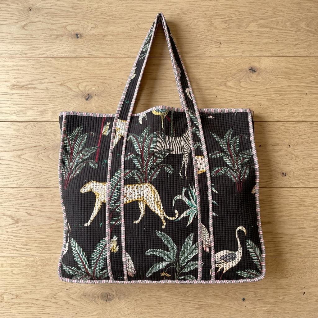 Black Leopard Quilted Cotton Tote Bag, Handcrafted Shoulder Shopper, Zebra Animal Travel Handbag