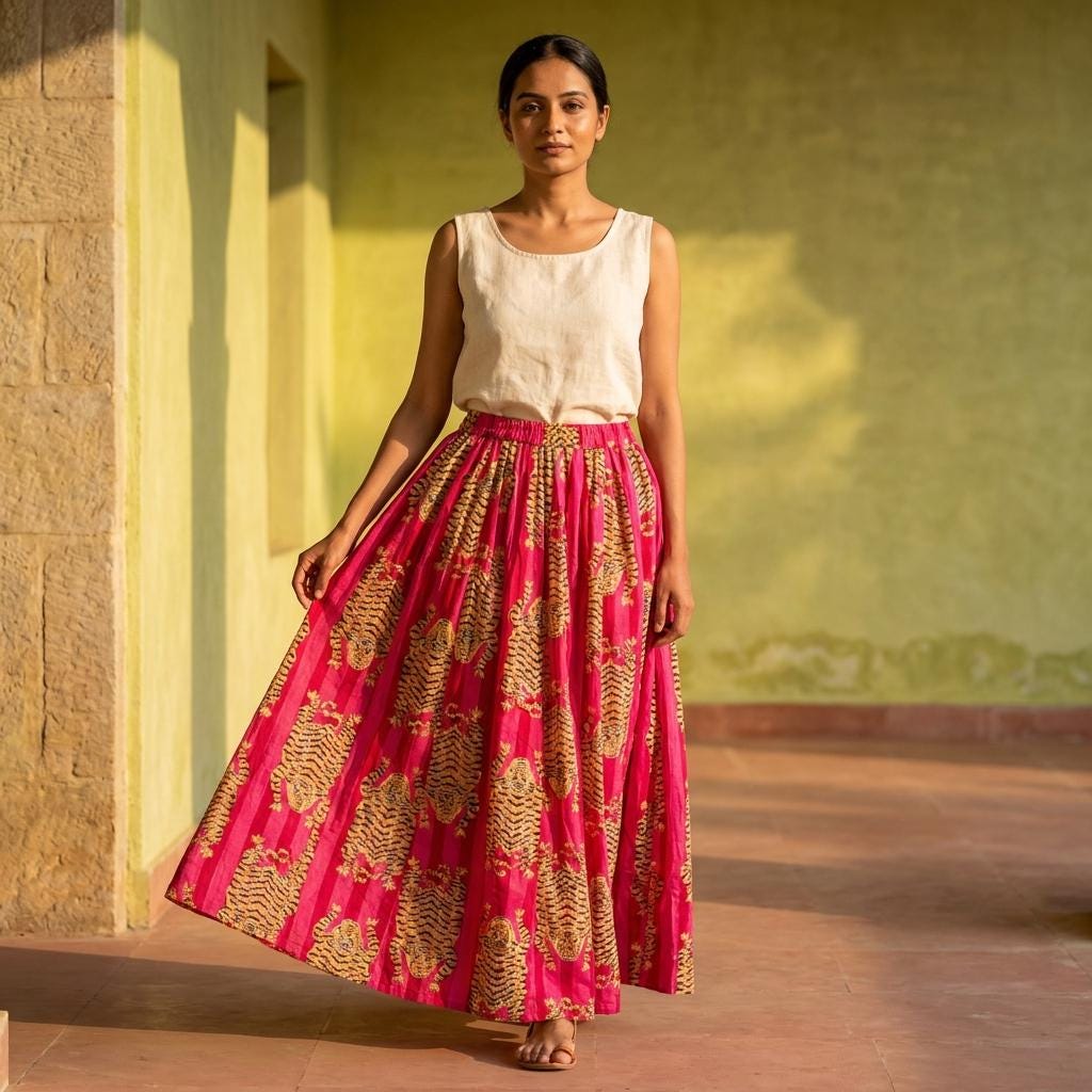 Pink Tiger Cotton Maxi Skirt, Handcrafted Flared Long Dress, Fuchsia Bohemian Animal Apparel