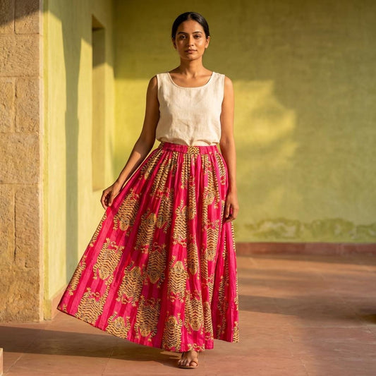 Pink Tiger Cotton Maxi Skirt, Handcrafted Flared Long Dress, Fuchsia Bohemian Animal Apparel