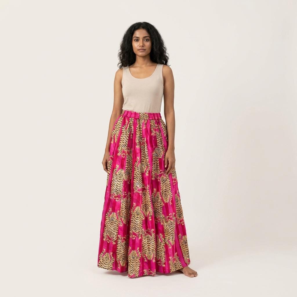 Pink Tiger Cotton Maxi Skirt, Handcrafted Flared Long Dress, Fuchsia Bohemian Animal Apparel
