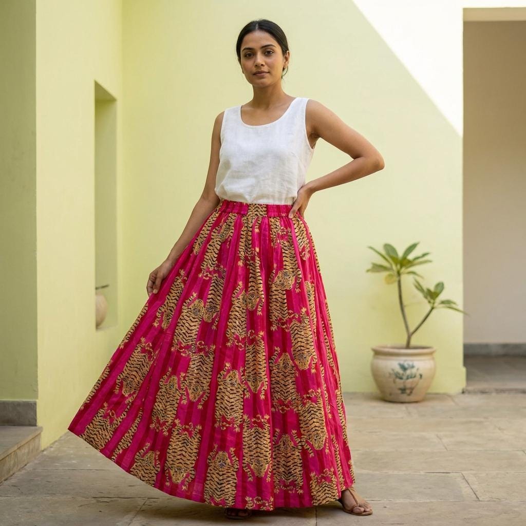 Pink Tiger Cotton Maxi Skirt, Handcrafted Flared Long Dress, Fuchsia Bohemian Animal Apparel
