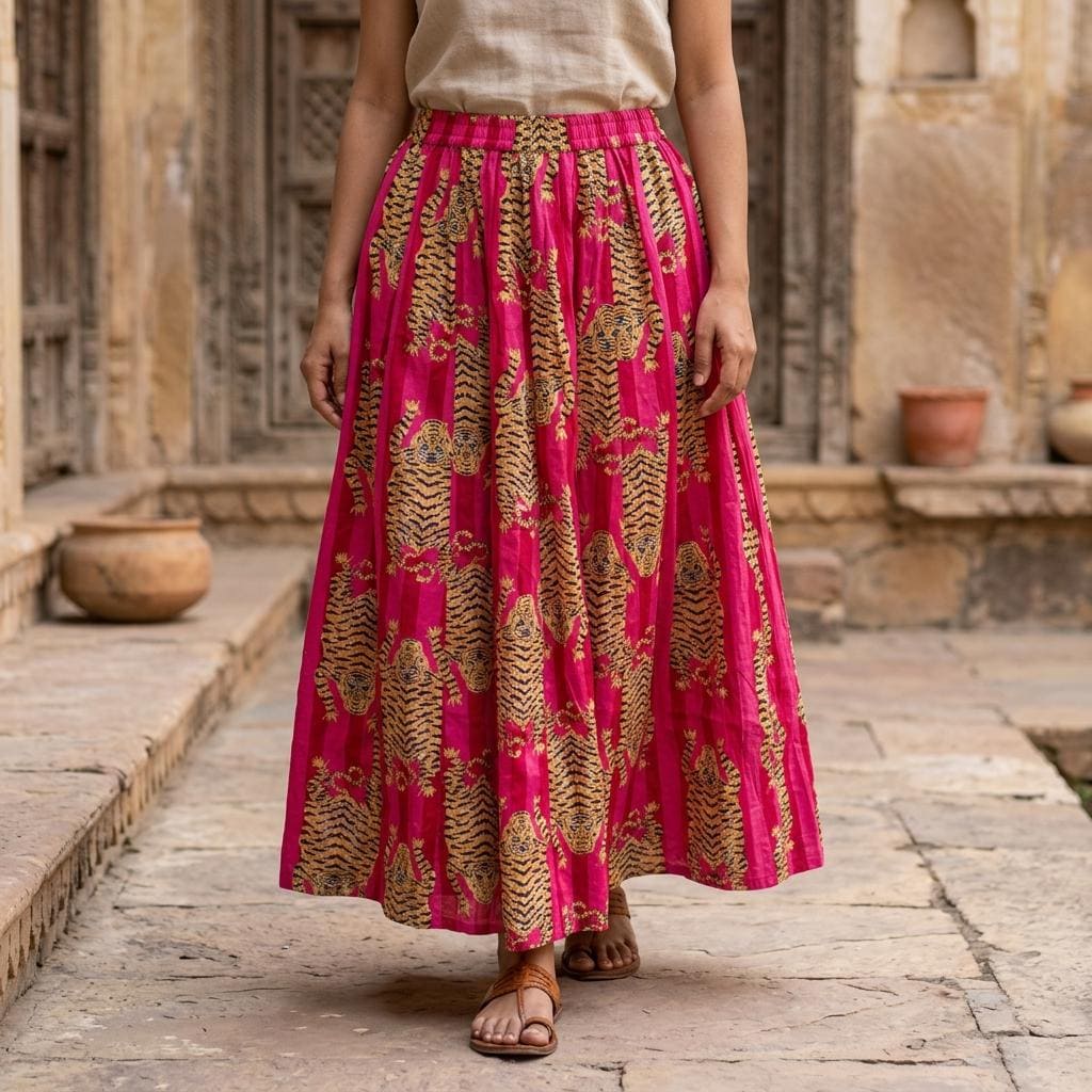 Pink Tiger Cotton Maxi Skirt, Handcrafted Flared Long Dress, Fuchsia Bohemian Animal Apparel