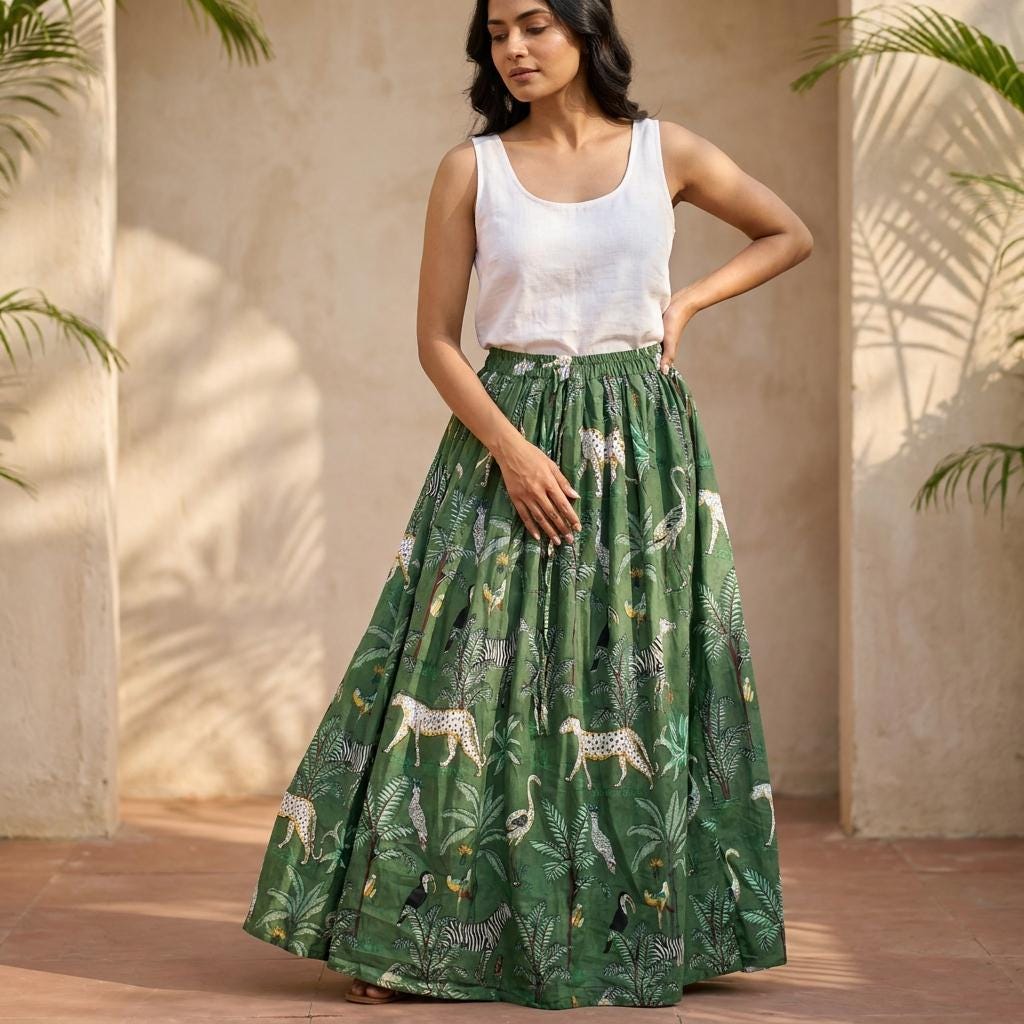 Green Leopard Cotton Maxi Skirt, Handcrafted Flared Long Dress, Sage Bohemian Safari Apparel